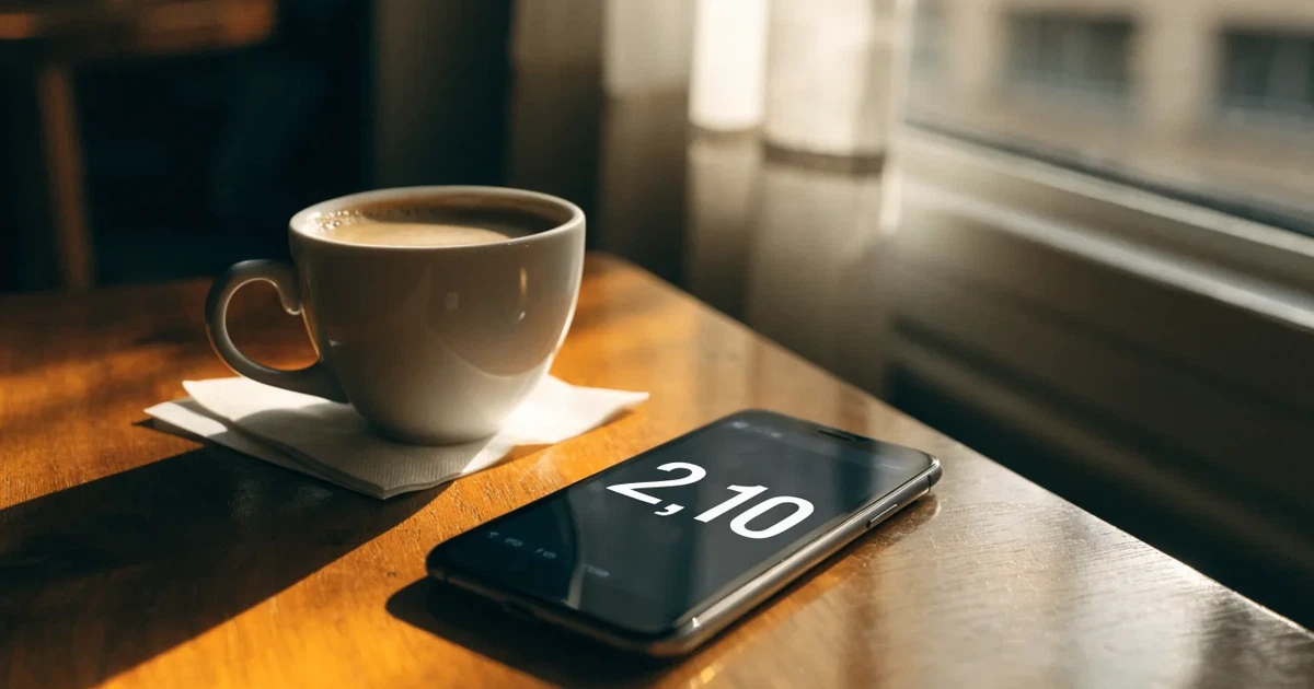 Ein Smartphone mit dunklem Display liegt auf einem Holztisch neben einer Kaffeetasse, durch das Fenster fällt warmes Abendlicht.