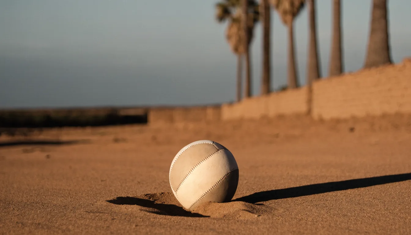 Ein Fussball liegt auf rotbraunem Sand am Rand eines Dorfes, die Abendsonne wirft lange Schatten.