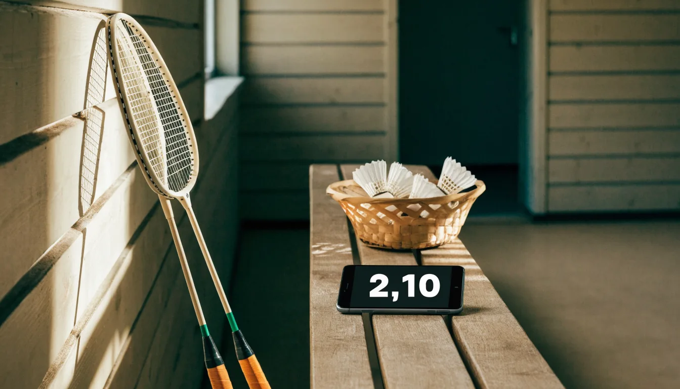 Zwei Badmintonschläger lehnen gekreuzt an einer Hallenwand aus Holz, daneben steht ein Korb mit Federbällen.