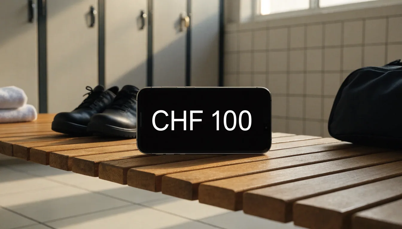 Ein Paar Hallenschuhe steht ordentlich neben einer Sporttasche auf einer Bank in einer leeren Garderobe, ein Fenster lässt Morgenlicht herein.