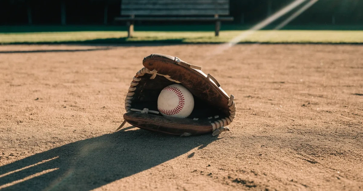 Ein Lederhandschuh und ein Ball liegen auf dem Sandboden eines leeren Spielfelds, die tiefstehende Sonne wirft lange Schatten.