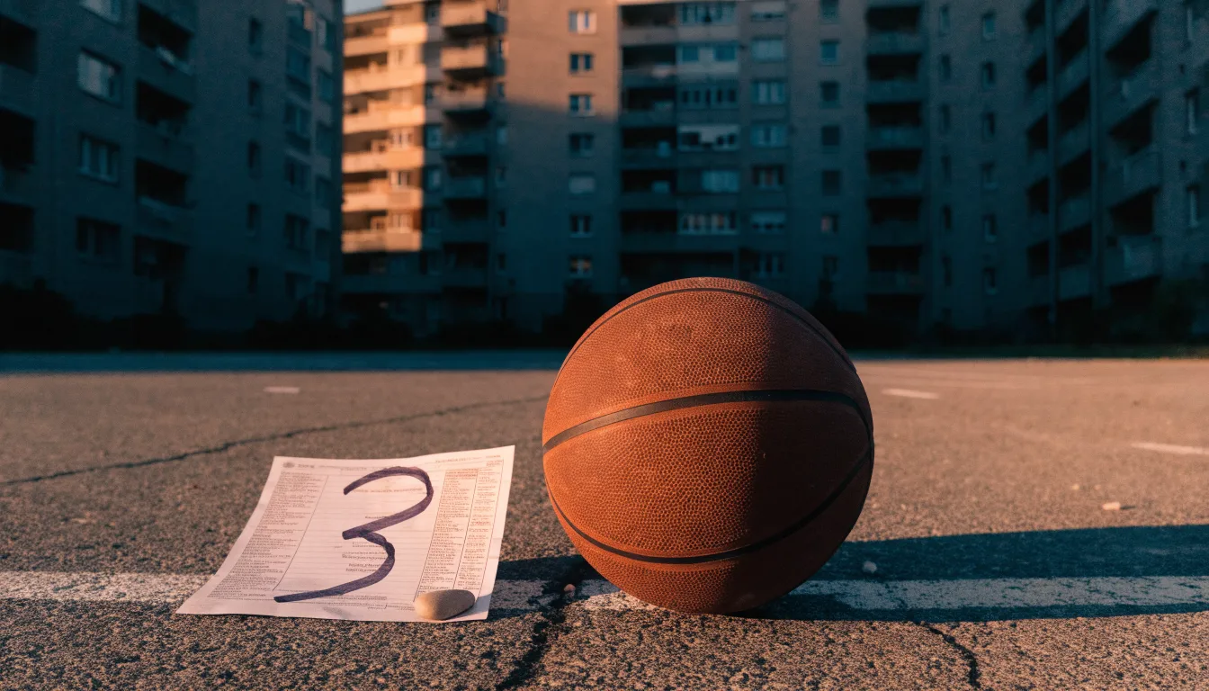 Ein Basketball liegt auf einem Asphaltplatz in einem Hinterhof zwischen Wohnblöcken, das Abendlicht färbt die Wände warm.