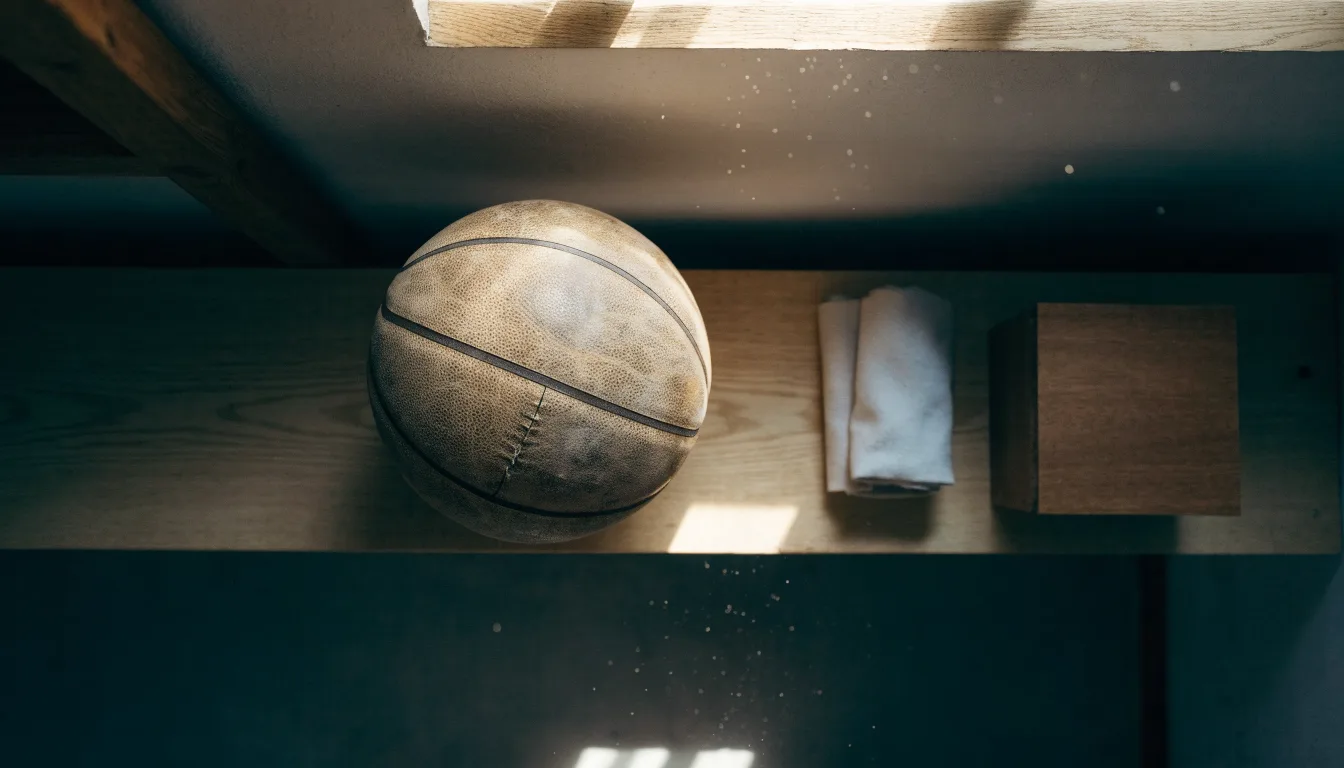Ein abgenutzter Lederball liegt auf einem Holzregal in einem Vereinsraum, ein Sonnenstrahl macht den Staub sichtbar.