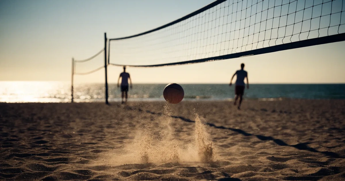 Ein Volleyball liegt auf feinem hellem Sand, ein gespanntes Netz verschwimmt dahinter, das Licht kommt von einem weiten Meer.