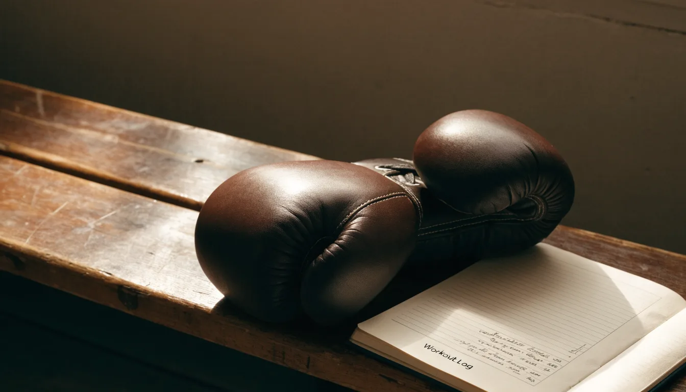 Ein Paar Boxhandschuhe aus Leder liegt auf einer Holzbank neben einem Notizbuch mit handgeschriebenen Zeilen, warmes Fensterlicht