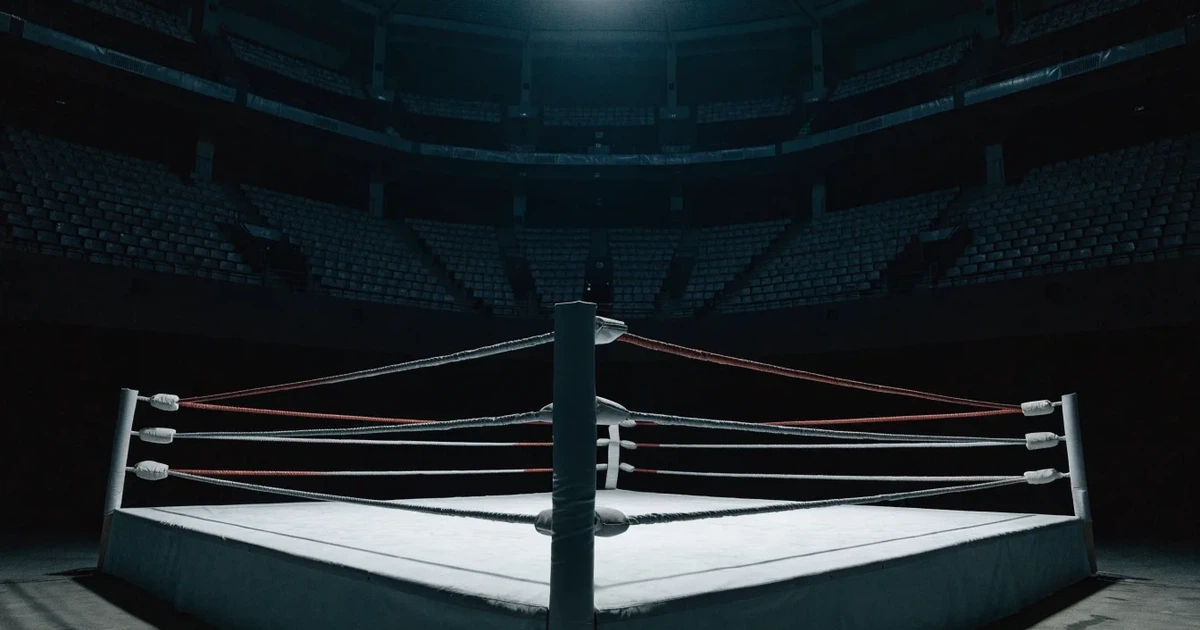 Ein leerer Boxring mit gespannten Seilen unter hellem Hallenlicht, dahinter ansteigende Zuschauerränge in einer grossen dunklen Halle