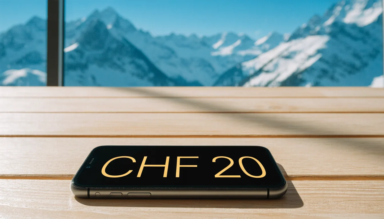Ein Smartphone mit dunklem Bildschirm liegt auf einem Holztisch vor einem Fenster mit Blick auf schneebedeckte Gipfel