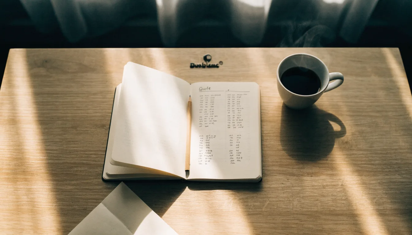 Ein aufgeschlagenes Notizbuch mit handgeschriebenen Spalten und ein Bleistift neben einer Tasse Kaffee auf einem Holztisch am Morgen