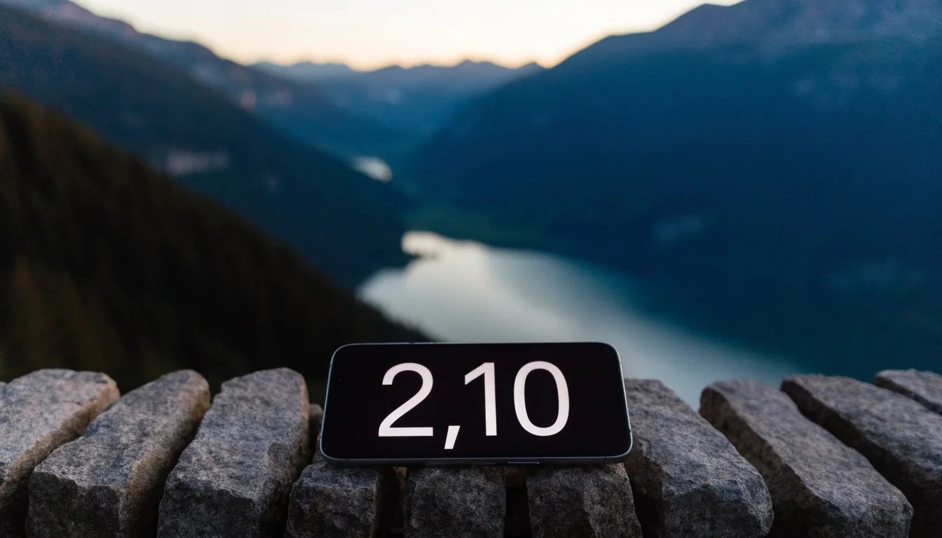Ein Smartphone mit dunklem Display liegt auf einer Steinmauer, dahinter ein Alpental im Abendlicht