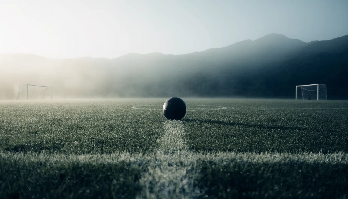 Ein einzelner Fussball auf dem Mittelpunkt eines leeren Rasens im Morgennebel, hinter dem Tor ragen Berge auf