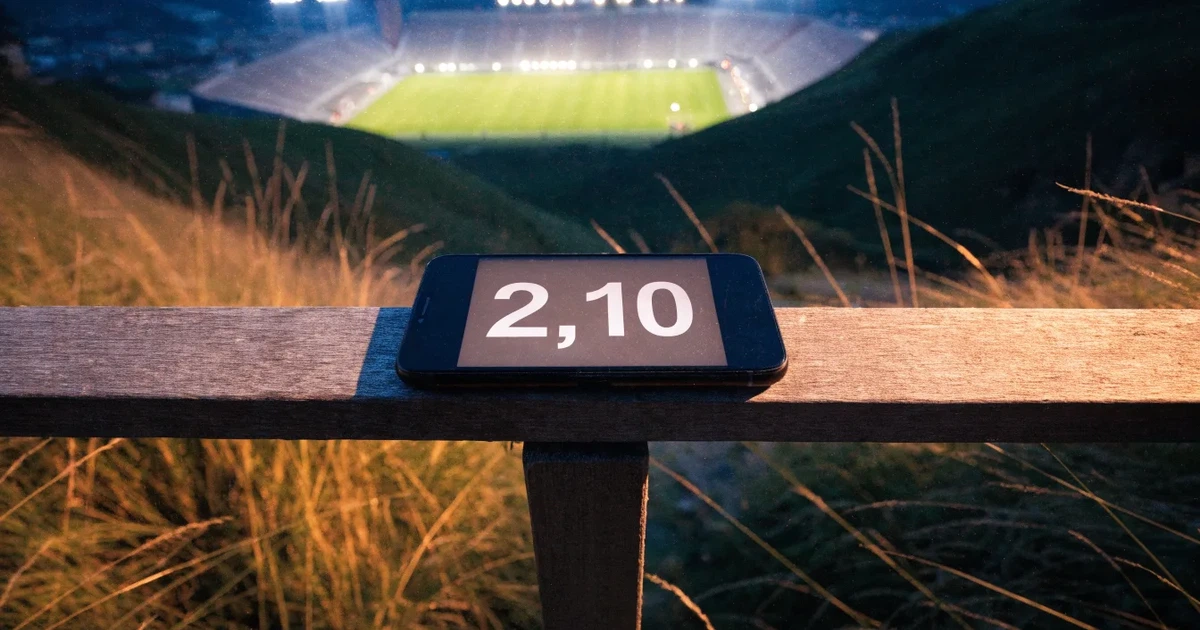 Ein Fussballstadion bei Flutlicht von einer Anhöhe aus gesehen, der Rasen leuchtet grün unter dunklem Abendhimmel