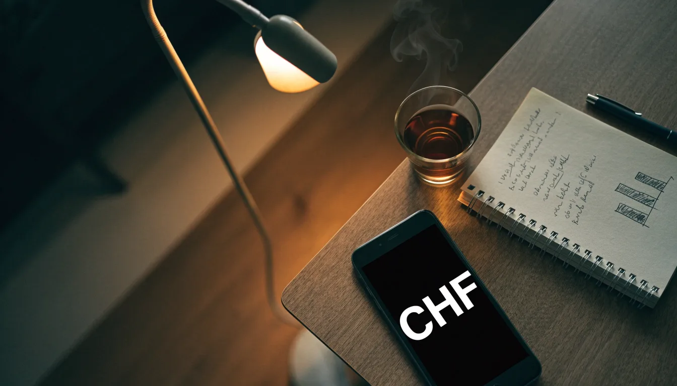 Ein Notizbuch mit handschriftlichen Einträgen und eine Tasse Tee stehen auf einem Tisch neben einer Stehlampe