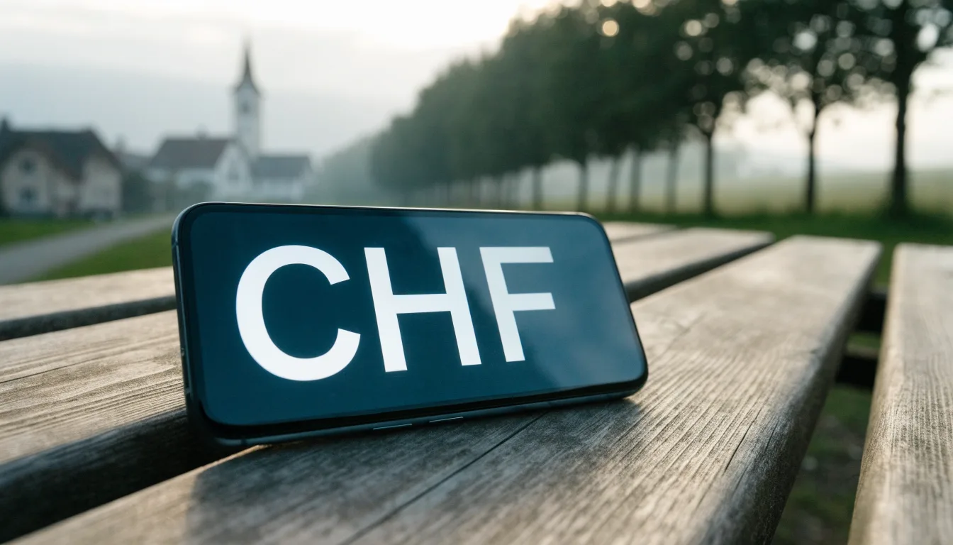 Ein Smartphone mit dunklem Display liegt auf einer Parkbank, dahinter ein Schweizer Dorf mit Kirchturm im Dunst