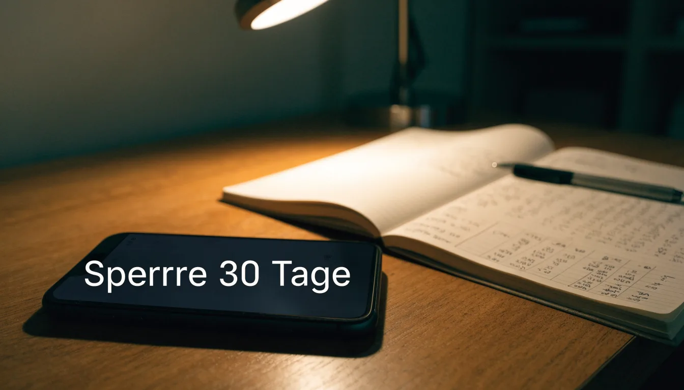 Eine Sanduhr steht auf einem Schreibtisch neben einem Notizbuch mit handschriftlichen Einträgen im Licht einer Lampe