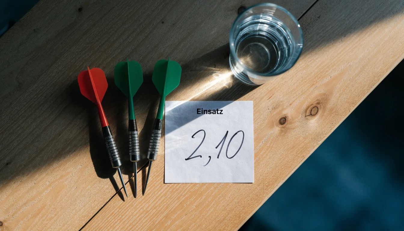 Drei Dartpfeile liegen auf einer Holzfläche neben einem Notizblock mit handschriftlichen Zahlen und einem Glas Wasser