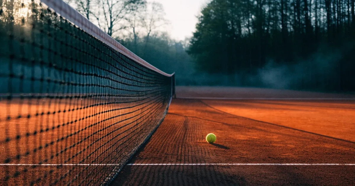 Ein Tennisplatz aus Sand bei Sonnenaufgang mit gespanntem Netz, Nebel zwischen den Bäumen am Rand