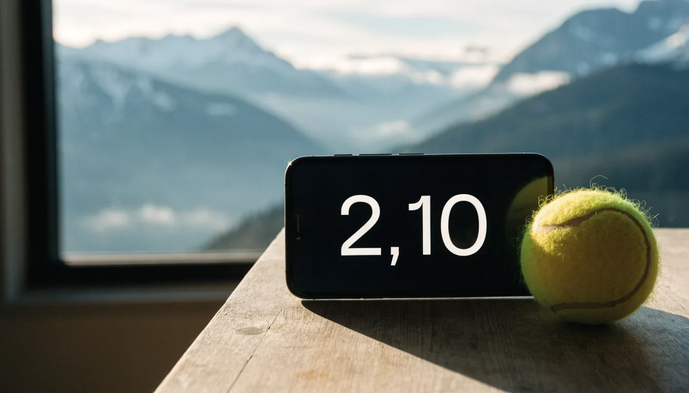 Ein einzelner gelber Tennisball liegt auf einem Holztisch vor einem Fenster mit Alpenblick