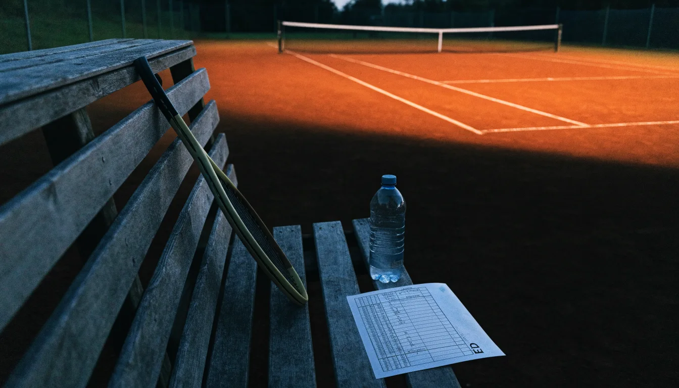 Ein Tennisschläger lehnt an einer Bank neben einer Wasserflasche, am Abend ruht der Platz im Flutlicht, aus der Ferne gesehen