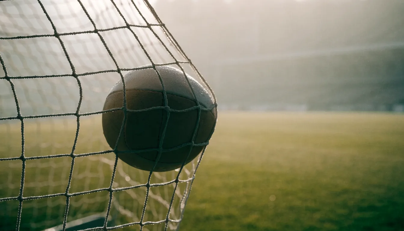 Ein Fussball liegt im Netz hinter einem Tor, weicher Morgennebel hängt über dem Rasen