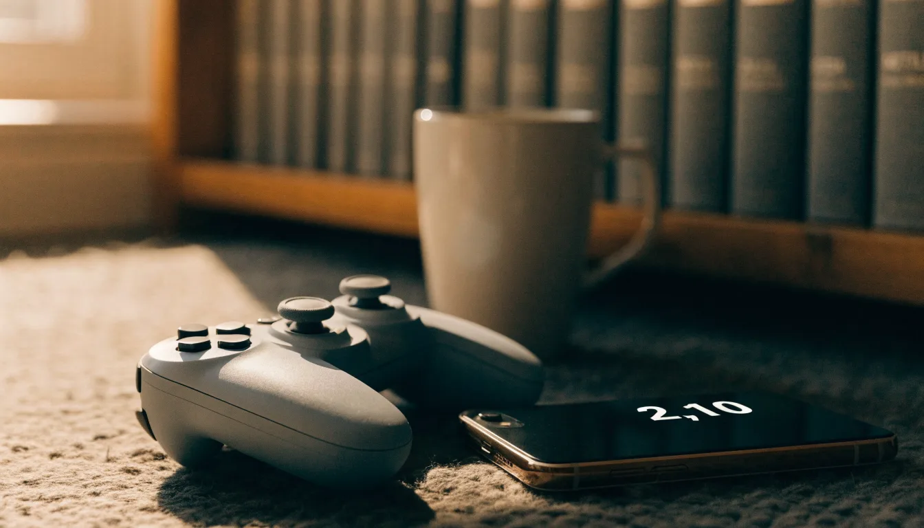 Ein Spielcontroller liegt auf einem Teppich neben einer Tasse, im Hintergrund ein Regal mit Büchern