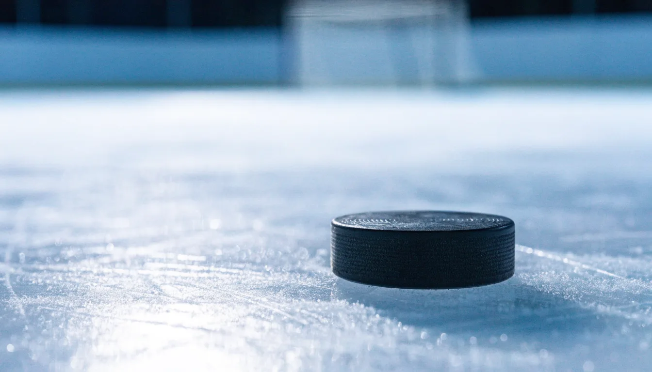 Ein Eishockeypuck liegt auf einer Eisfläche mit Kratzspuren, Nahaufnahme mit kühlen Reflexen