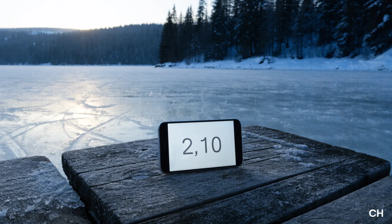 Ein zugefrorener Bergsee mit Spuren von Schlittschuhen am Morgen, dahinter ein verschneiter Wald