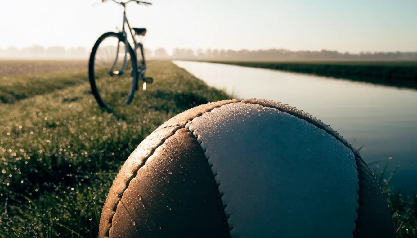 Ein Fussball liegt auf einer Wiese neben einem Fahrrad, im Hintergrund ein Kanal im Morgenlicht