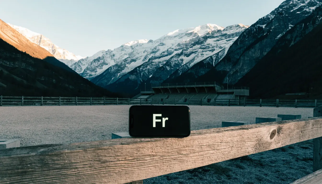 Schneebedeckte Berge ragen hinter einem kleinen Stadion in einem Alpental auf, im Vordergrund ein leerer Parkplatz am Morgen.