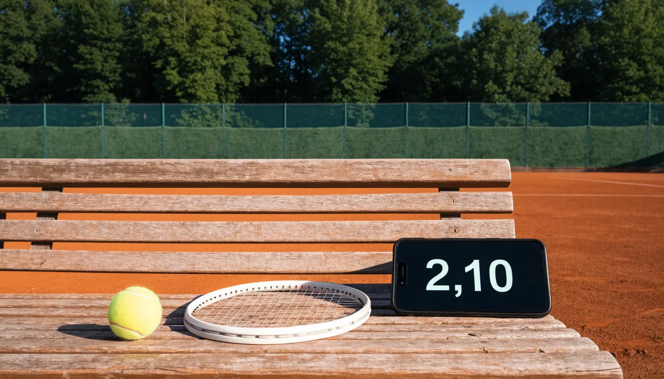 Ein Tennisball und ein Schläger ruhen auf einer Holzbank am Spielfeldrand, im Hintergrund hohe Bäume im Sommerlicht.