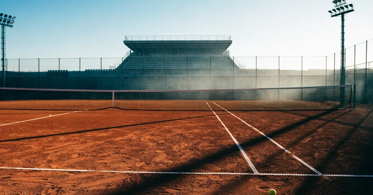 Ein Tennisplatz aus rotem Sand liegt im ersten Licht des Morgens, das Netz hängt still und die Linien sind frisch gezogen.