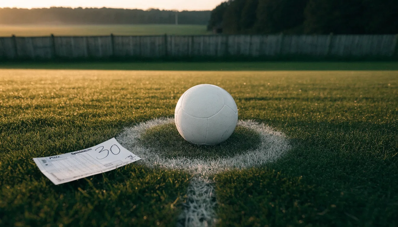 Ein Fussball liegt im Tau auf der Mittellinie eines Dorfplatzes bei Sonnenaufgang, der Rasen glitzert.