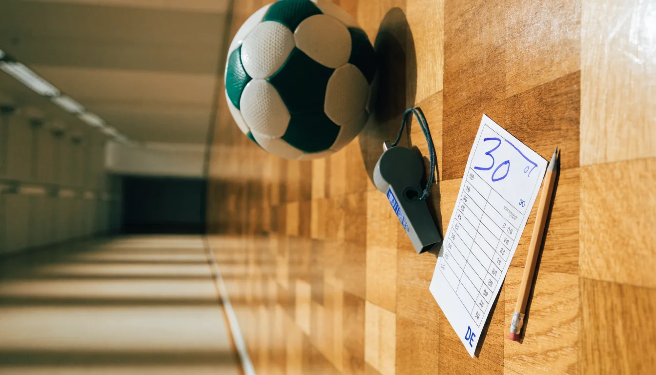 Ein kleiner, schwerer Ball liegt auf glattem Hallenparkett neben einer Trillerpfeife an einer Schnur.