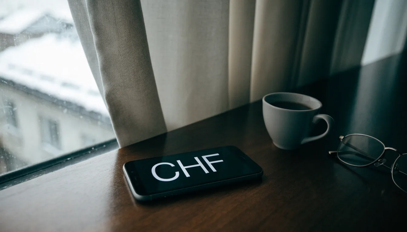 Eine Kaffeetasse und eine Brille stehen auf einem Fensterbrett, draussen fällt Schnee auf ein Dach.