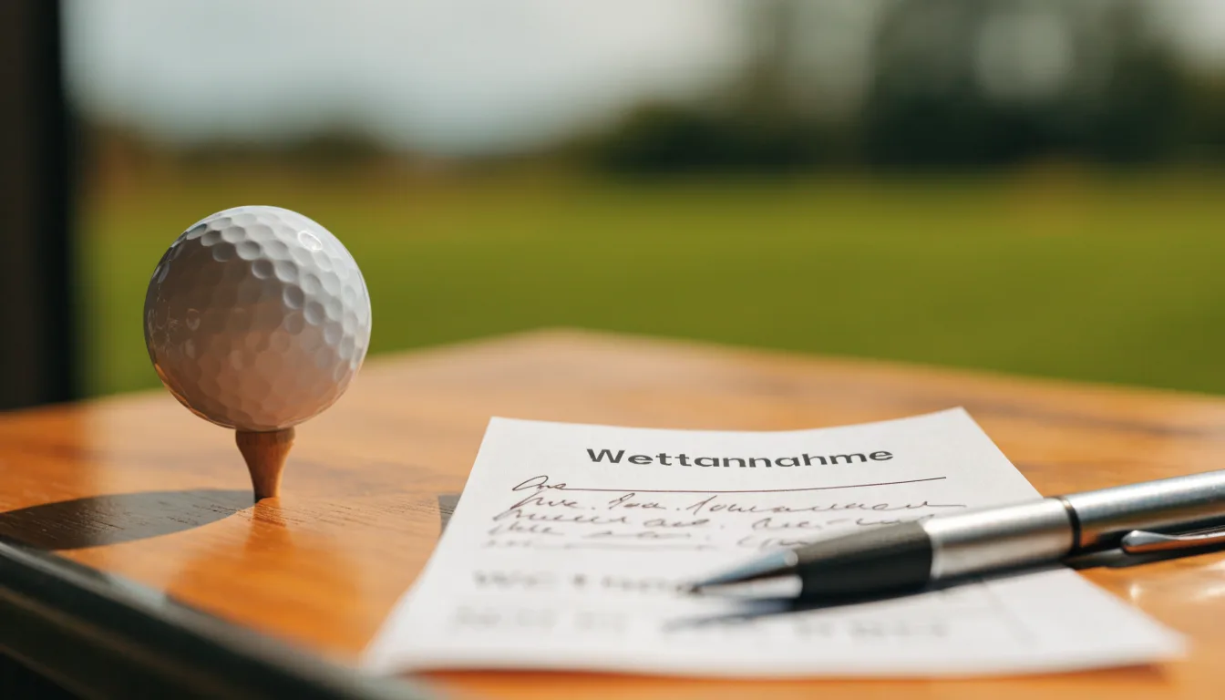 Ein Golfball liegt auf einem Holztee im Gras, scharf im Vordergrund, dahinter verschwimmt eine weite Wiese.