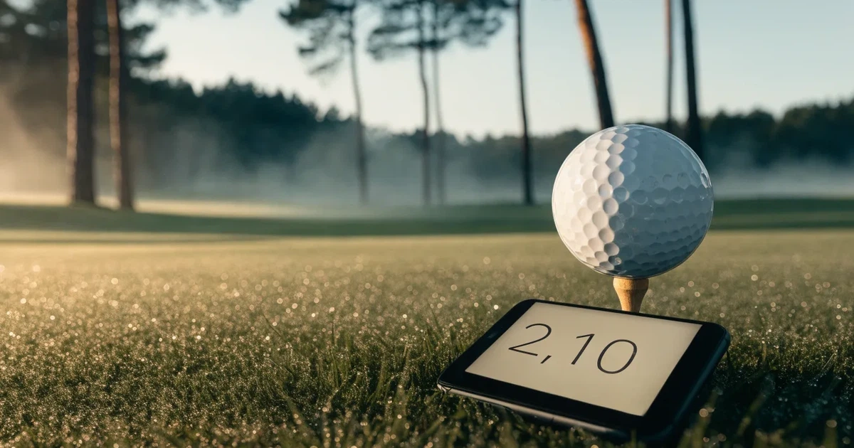 Ein weites Fairway zieht sich im Dunst des frühen Morgens zwischen Föhren hin, Tau liegt auf dem kurzen Gras.
