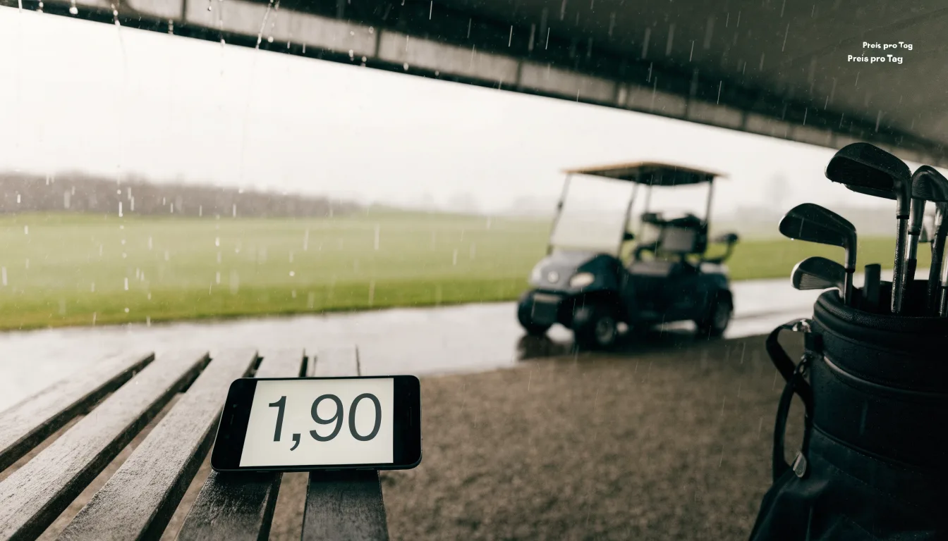 Ein leerer Golfwagen steht unter einem Vordach, Regen tropft vom Dachrand auf einen Kiesweg.