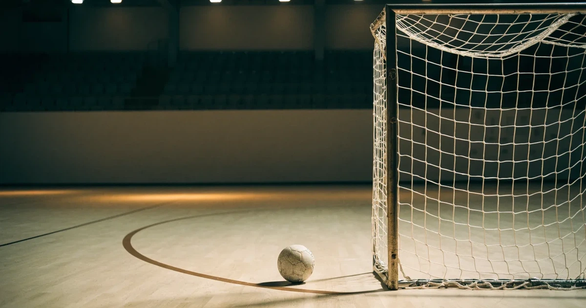 Ein Tor mit dicht gespanntem Netz steht in einer grossen Halle, davor liegt ein Handball auf der Torraumlinie.