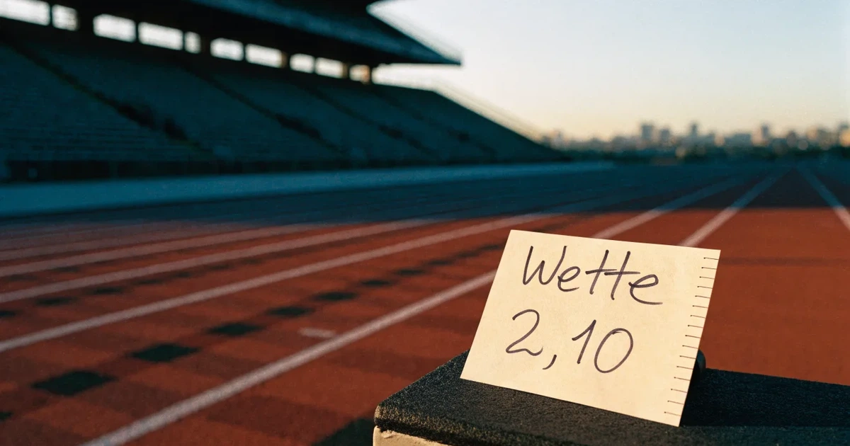 Eine rote Laufbahn mit weissen Linien leuchtet in der Morgensonne, im Hintergrund ein leeres Stadion.