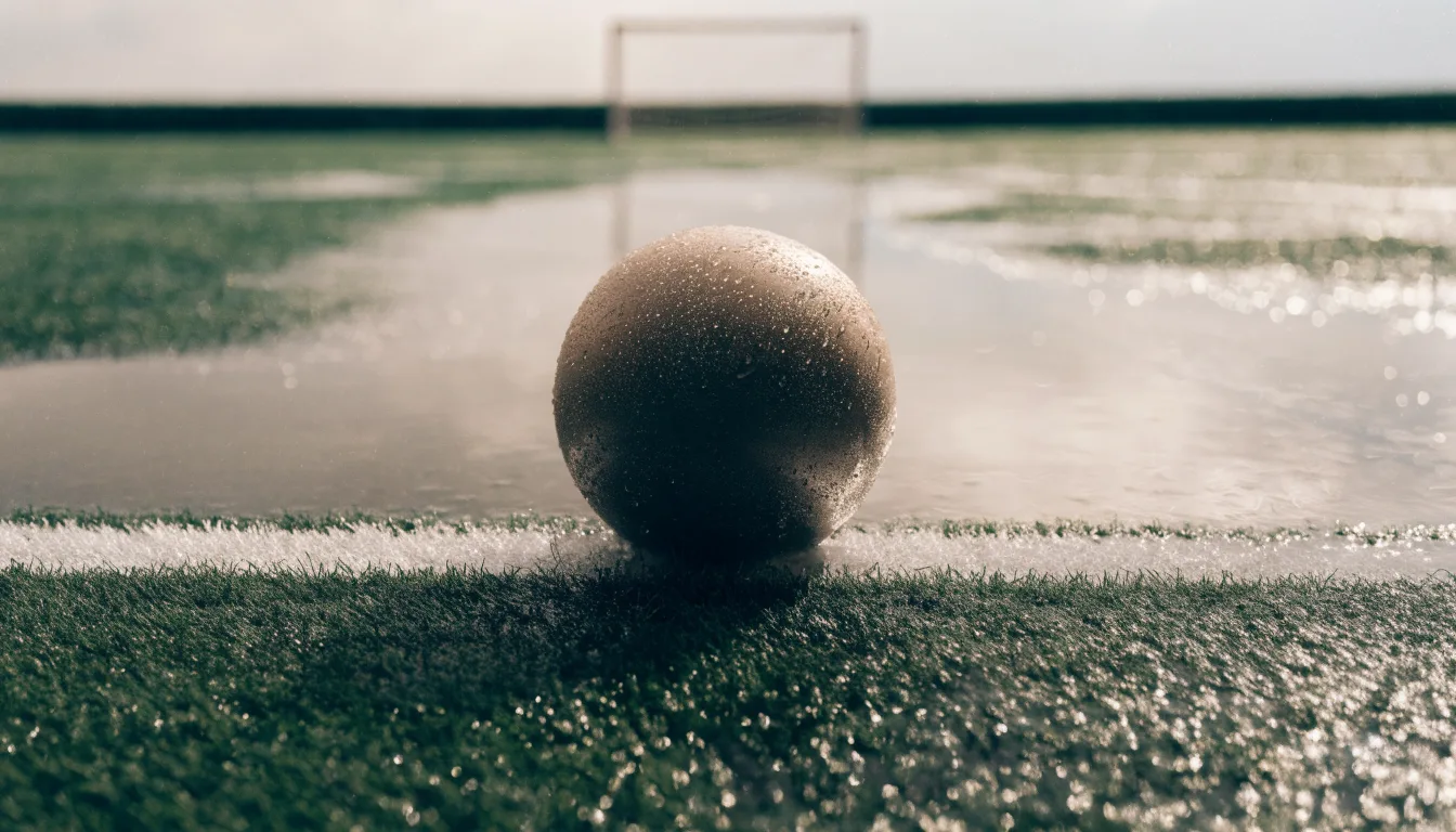 Ein Fussball liegt auf nassem Kunstrasen neben einer weissen Linie, Pfützen spiegeln den Himmel.