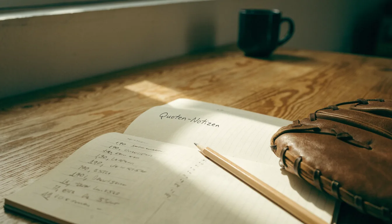 Ein aufgeschlagenes Notizbuch mit handgeschriebenen Notizen und ein Bleistift liegen auf einem Holztisch neben einem abgegriffenen Baseballhandschuh.