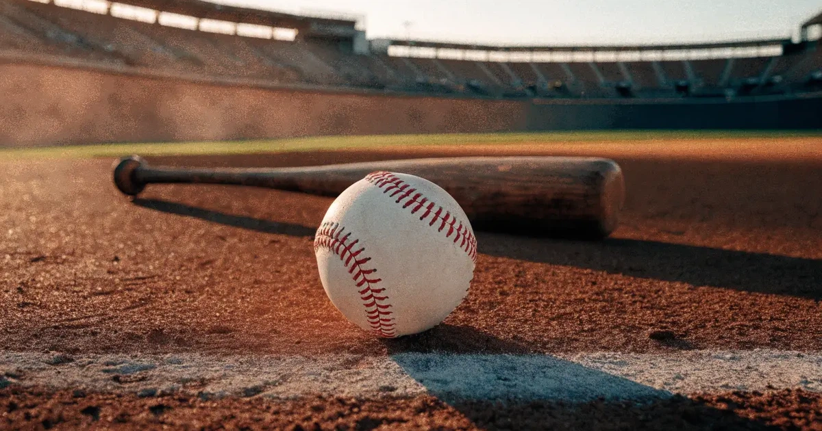 Ein weisser Baseball liegt auf rotbraunem Sand neben der Grundlinie eines leeren Stadions im warmen Abendlicht, die Ränge sind verlassen.