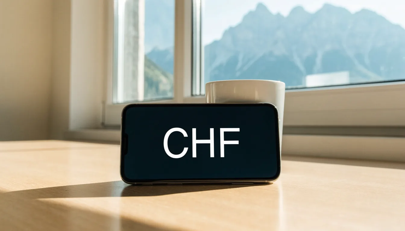 Ein Smartphone mit dunklem Bildschirm liegt auf einem hellen Schreibtisch neben einer Tasse, durch das Fenster dahinter sieht man eine Bergkette.