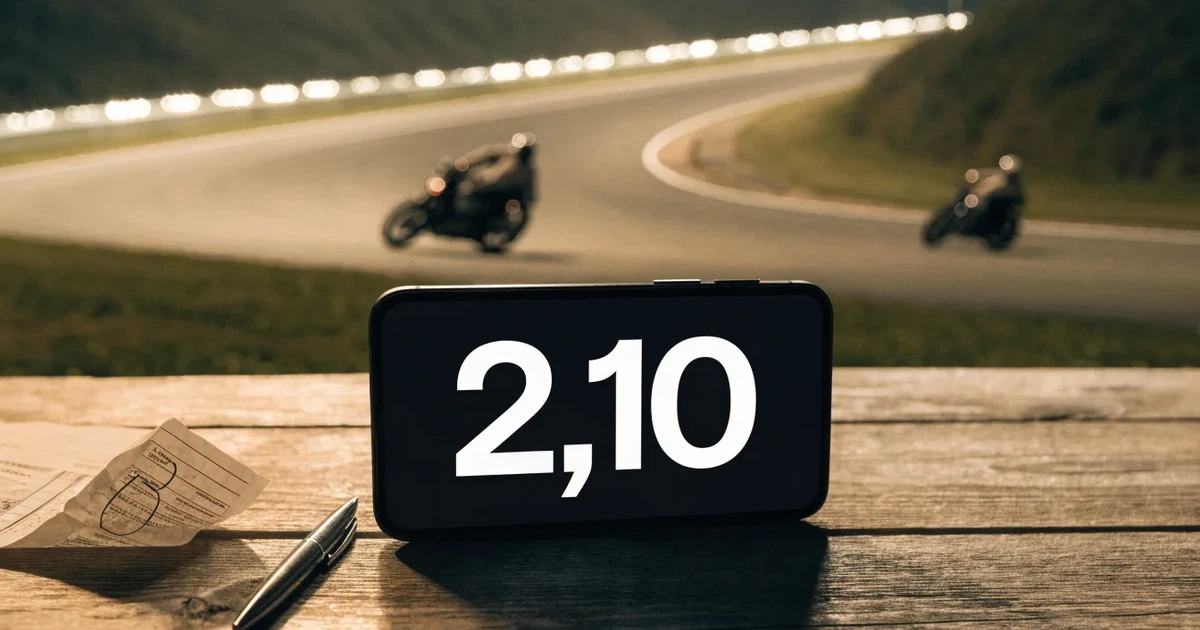 Eine leere Rennstrecke mit rot-weissen Randsteinen im Morgenlicht, im Hintergrund sanfte Hügel und ein einzelner Motorradhelm auf einer niedrigen Mauer.