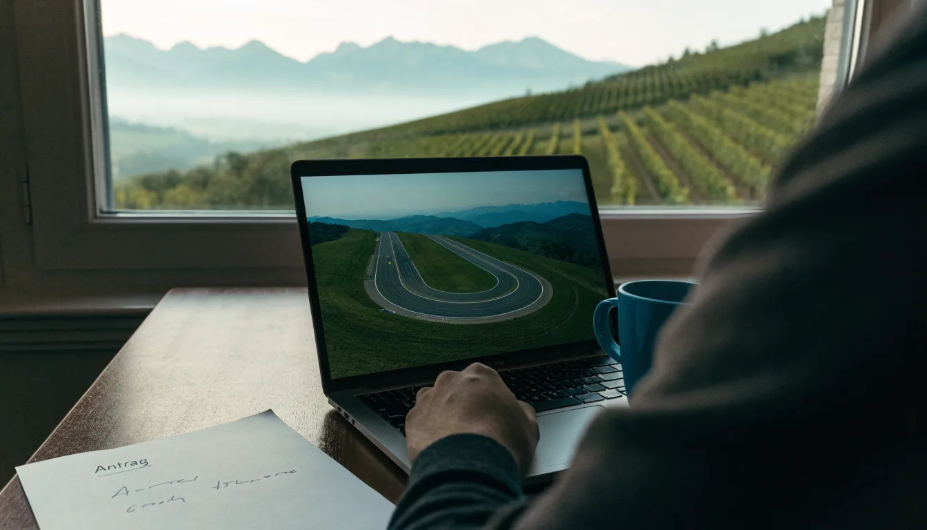 Eine Rennstrecke aus der Ferne zwischen Weinbergen und einer Bergkette, Dunst liegt am frühen Morgen über dem Asphalt.