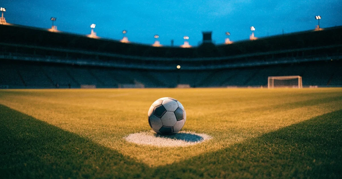 Ein Fussball liegt auf dem Mittelpunkt eines leeren Rasens, im Hintergrund steigen steile Tribünen in der Dämmerung auf.