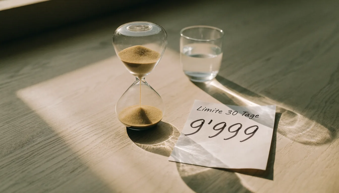 Eine Sanduhr steht auf einem Holztisch neben einem Glas Wasser, schräges Morgenlicht wirft einen langen Schatten über die Tischplatte.