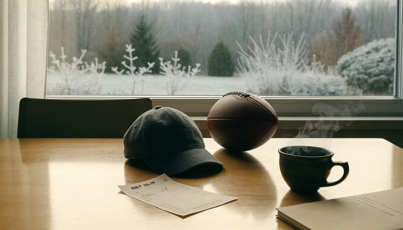 Ein Kaffeebecher und ein Football stehen auf einem Küchentisch am Morgen, durch das Fenster sieht man einen Garten mit Raureif.