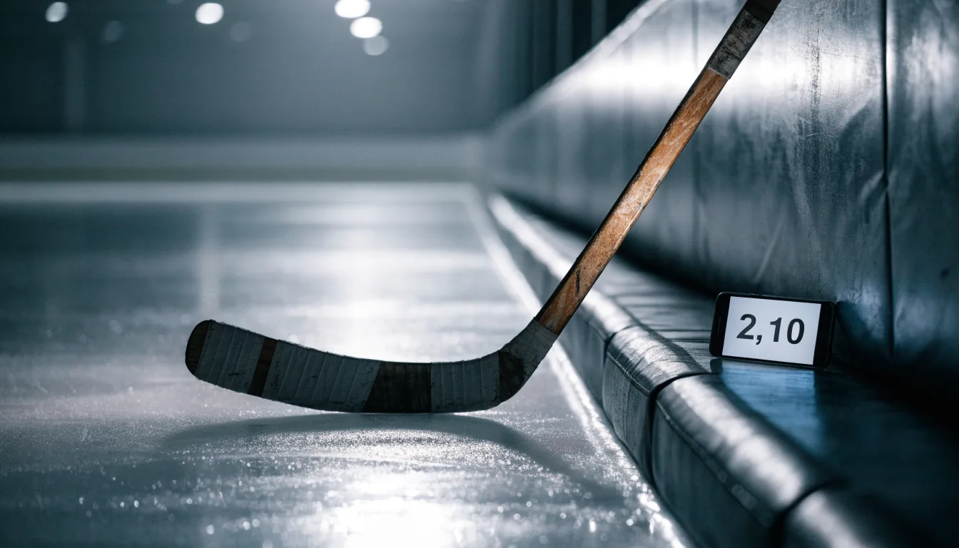 Ein Eishockeyschläger lehnt an der Bande, in der Ferne liegt die hell beleuchtete Eisfläche einer Halle unter Flutlicht.