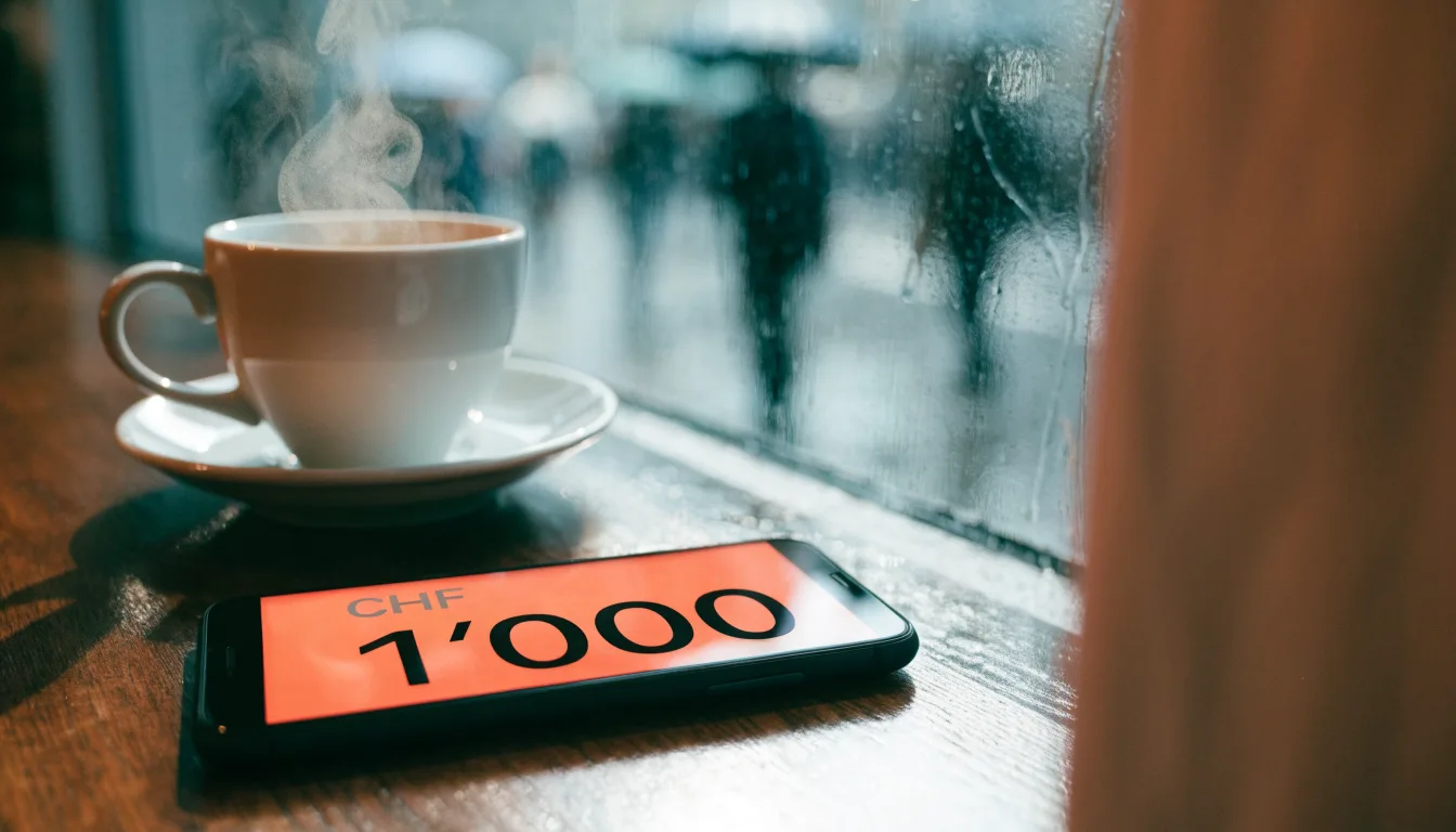 Ein Café-Tisch am Fenster mit einer Teetasse, draussen ein nasser Gehweg und Passanten mit Regenschirmen in unscharfer Ferne.