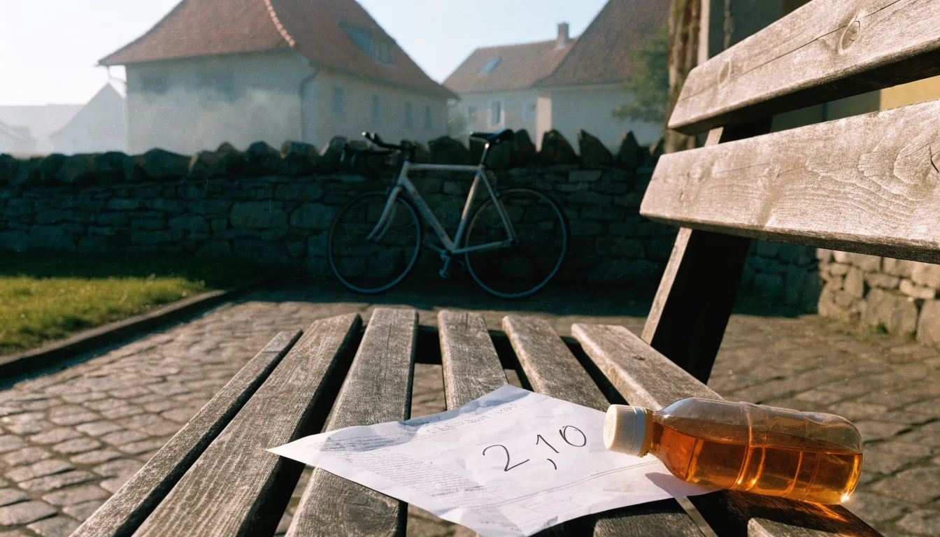 Ein Rennrad lehnt an einer Steinmauer am Rand eines Dorfplatzes, daneben eine Trinkflasche im ersten Sonnenlicht.